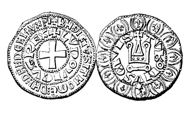 antyczna ilustracja: starożytna moneta saint louis - king louis ix stock illustrations