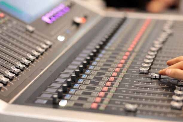 istock hand adjusting faders on an audio mixing console 1357712755