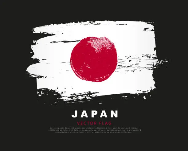 Vector illustration of Japan flag. Hand drawn red and white brush strokes. Vector illustration on a black background.