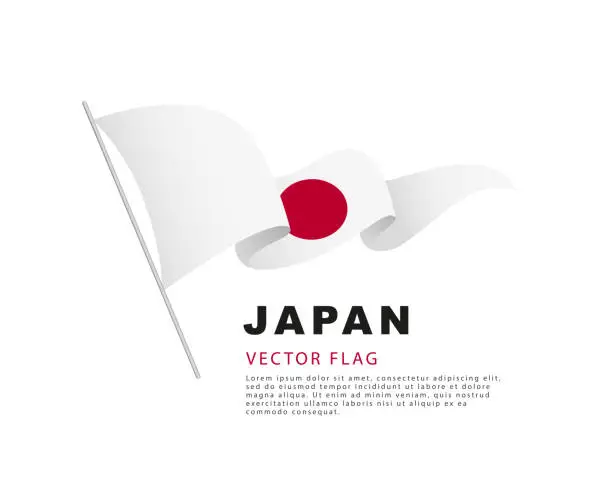 Vector illustration of The flag of Japan hangs from a flagpole and flutters in the wind. Vector illustration isolated on white background.