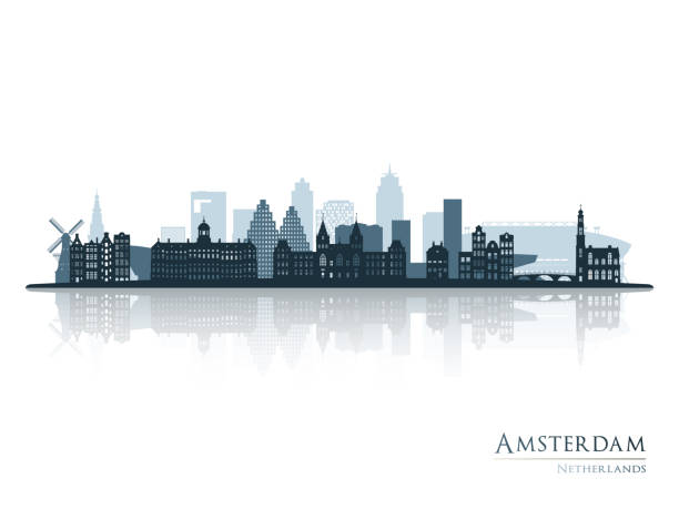 ilustraciones, imágenes clip art, dibujos animados e iconos de stock de silueta del horizonte de ámsterdam con reflejo. paisaje ámsterdam, países bajos. ilustración vectorial. - amsterdam