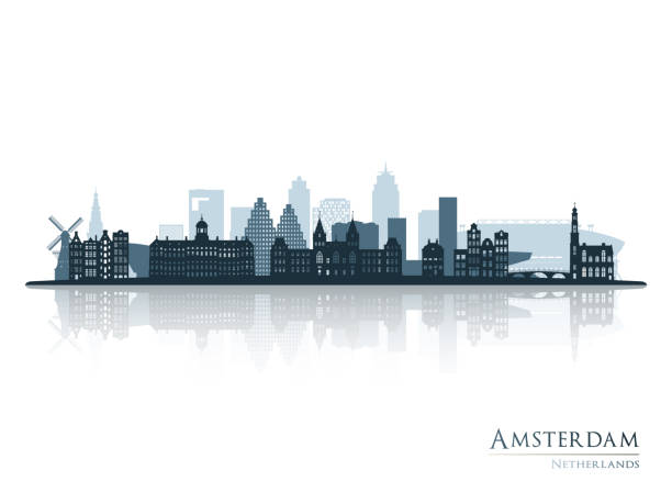 stockillustraties, clipart, cartoons en iconen met amsterdam skyline silhouette with reflection. landscape amsterdam, netherlands. vector illustration. - amsterdam