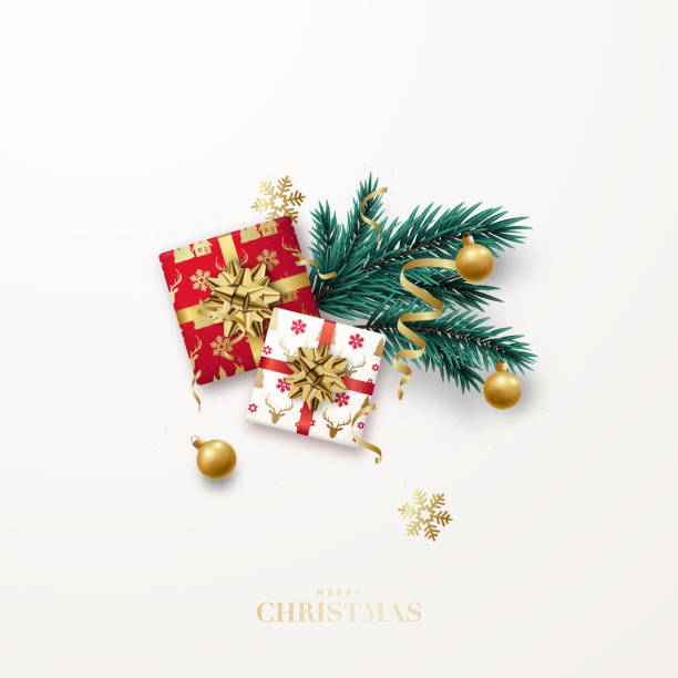 ilustrações de stock, clip art, desenhos animados e ícones de xmas greeting card. christmas flat lay design with gifts wrapped in paper, fir tree branches, baubles and snowflakes. new year banner, background, flyer. - new years eve christmas paper christmas fir tree