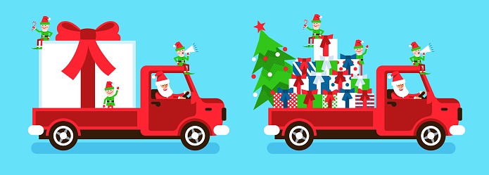 Santa Truck carrying large gift box with red bow. Truck with Christmas gifts. Vector illustration.