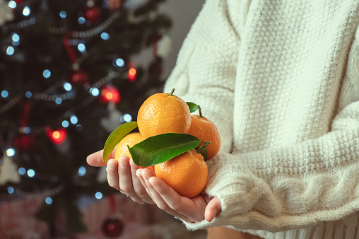 Child hands in knitted sweater holding fresh mandarins with green leaves with bokeh on background