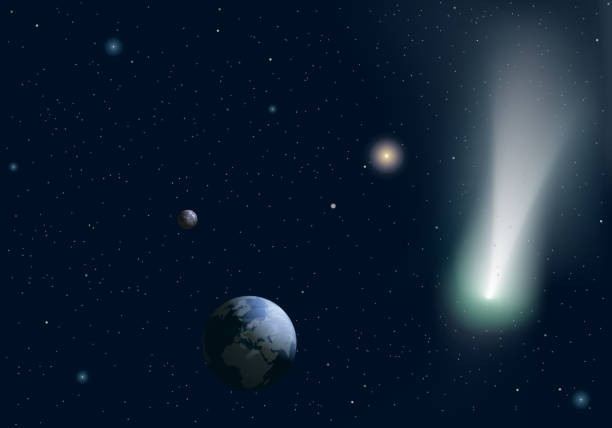 A view of the solar system against a backdrop of starry sky, with a comet passing close to Earth.