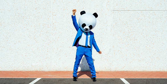 Storytelling image of a man wearing giant panda head and colored suits