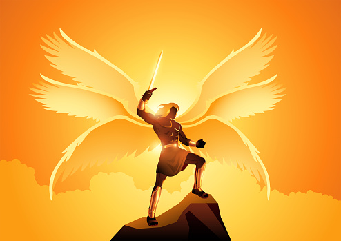 Fantasy art illustration of Michael the Archangel with six wings holding a sword