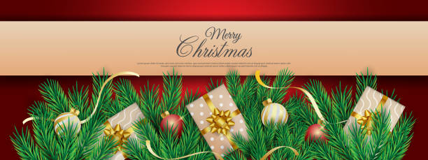 Merry christmas and happy new year banner template design with decorative pine leaves, christmas light and gifts. Merry christmas and happy new year banner template design with decorative pine leaves, christmas light and gifts. vector illustration. Christmas Greeting Card stock illustrations