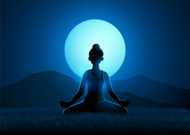 istock Beautiful woman doing yoga on a full moon background 1357723798