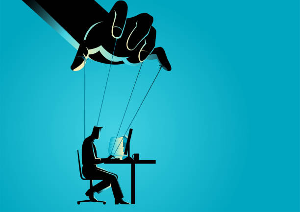 Businessman working and being controlled by puppet master Business concept illustration of businessman working and being controlled by puppet master exploitation stock illustrations