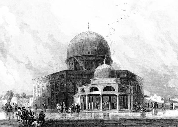 dome of the rock on temple mount in jerusalem, israel, drawing by frederick catherwood - ottoman empire 19th century - kudüs illüstrasyonlar stock illustrations
