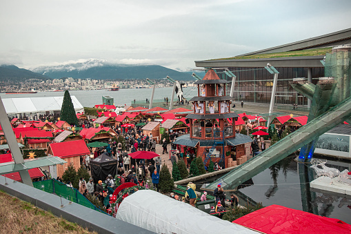 Vancouver, Canada - November 20, 2021: View of The Vancouver Christmas Market on Jack Poole Plaza