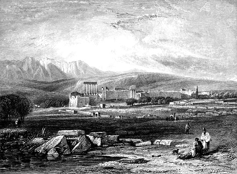 The ancient Roman temple complex at Baalbek, Lebanon, drawing by Augustus Wall Callcott. Vintage etching circa 19th century.