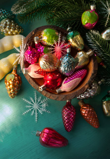 istock Bright colors old retro Christmas ornaments still life 1357726056