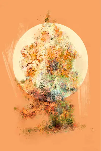 Vector illustration of Colorful tree against soft sun. Oranges and yellows tones of color. Feeling good, tranquil and happy.