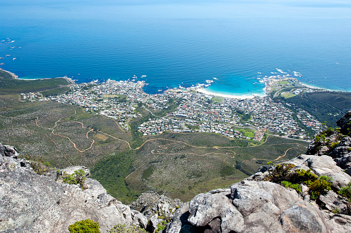 Cape Town panorama city landscape, Cape Peninsula, South Africa. South Africa on the southern tip of Africa is a beautiful, colourful and diverse country of varied landscapes from craggy rocky cliffs and coastline to savannah grasses of the natural wildlife parks that reflect the chequered social history and social issues of the country.
