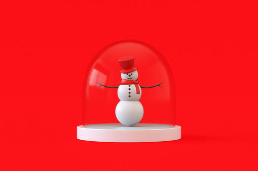 3d rendering of Glass Christmas ornament with snowman on red background.