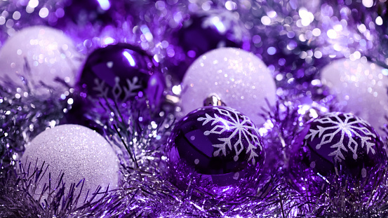 Christmas Tinsel Ornament Ball Snowflake Ultra Violet Purple White Lilac Bokeh Decorating the Christmas Tree New Year Close-Up Macro Photography for presentation, flyer, card, poster, brochure, banner