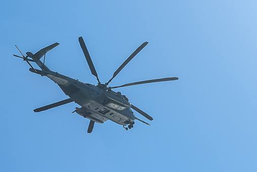 Westfield, United States – May 20, 2023: United States Marine MH-63 helicopter performing an aerial demonstration at an airshow in western Massachusetts