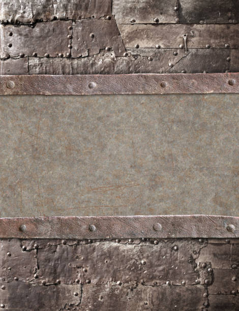 istock Grunge background in steampunk style. Texture of old metal with rivets and rusty frame 1357729035