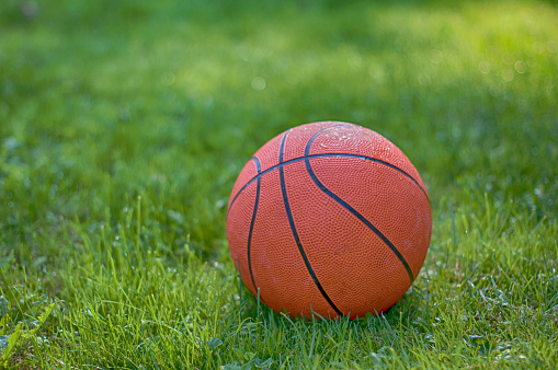 a basketball on grass. A close up