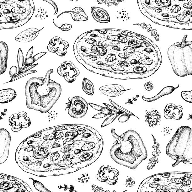 italienische pizza und zutaten. nahtloses muster. italienische menü-design-vorlage. pizzeria menü-design-vorlage. vintage handgezeichnete skizze vektorillustration. graviertes bild. - wallpaper sample illustrations stock-grafiken, -clipart, -cartoons und -symbole