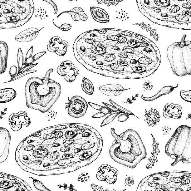 Italian pizza and ingredients. Seamless pattern. Italian food menu design template. Pizzeria menu design template. Vintage hand drawn sketch vector illustration. Engraved image. Italian pizza and ingredients. Seamless pattern. Italian food menu design template. Pizzeria menu design template. Vintage hand drawn sketch vector illustration. Engraved image. pizza designs stock illustrations