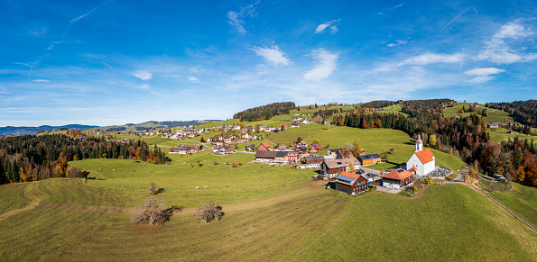 Aerial view on a little village. Vorarlberg, Langenegg