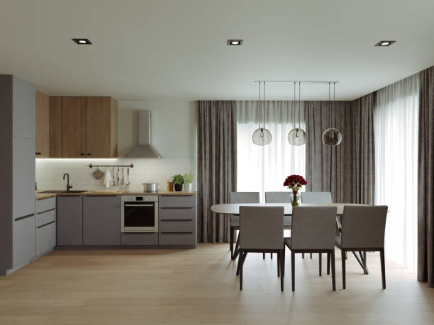 istock 3d render of a studio kitchen in pastel colors. 1357733280