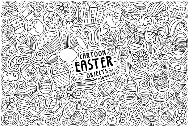 Vector set of Easter theme items, objects and symbols Line art vector hand drawn doodle cartoon set of Happy Easter theme items, objects and symbols easter easter egg eggs basket stock illustrations