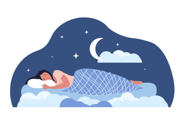 Sweet dreams concept Sweet dreams concept. Girl lies in bed and sleeps. Recuperation, night, rest. Character in pile of comfortable apartment. Bedtime, healthy lifestyle, pijama. Cartoon flat vector illustration sleeping stock illustrations