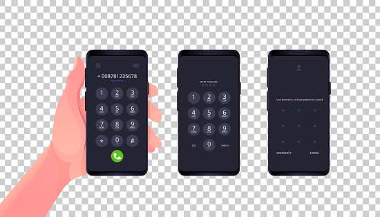 Cellphone with passcode lock screen interface, use biometric or enter pattern pages.