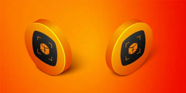 Vector illustration of Isometric 3d modeling icon isolated on orange background. Augmented reality or virtual reality. Orange circle button. Vector