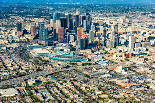 Los Angeles Cityscape Aerial The downtown and surrounding areas of Los Angeles, California shot from an altitude of about 1000 feet over the city. los angeles traffic jam stock pictures, royalty-free photos & images