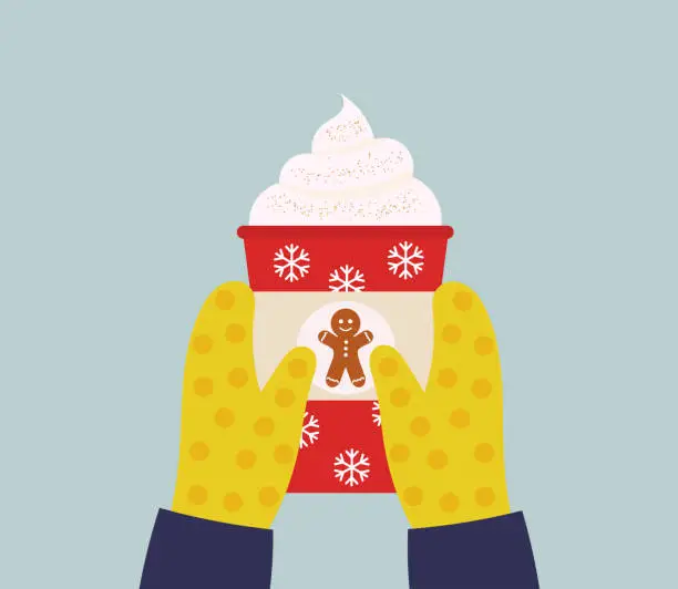 Vector illustration of Christmas coffee in hands in gloves