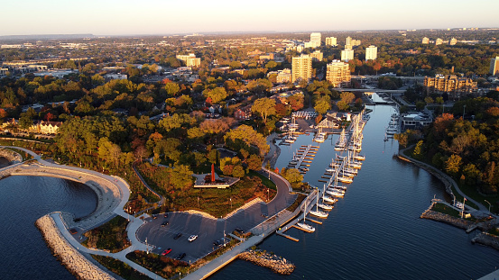 Aerial view of the Harbour and marina in Oakville, Ontario Canada