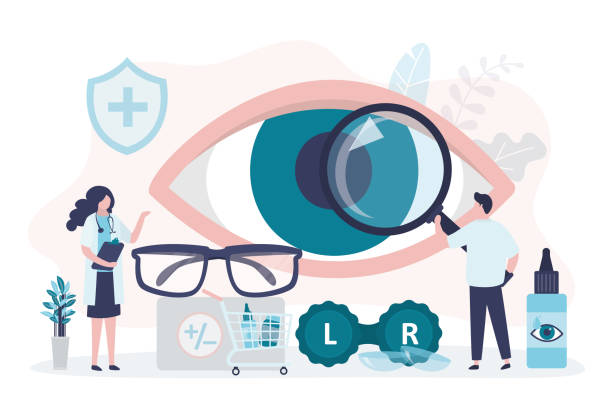 Specialist selects glasses or contact lenses for client. Different assortment of goods in optics store Specialist selects glasses or contact lenses for client. Different assortment of goods in optics store. Man with magnifying face examine eye. Concept of ophthalmic shop, eye care. Vector illustration optometrist stock illustrations