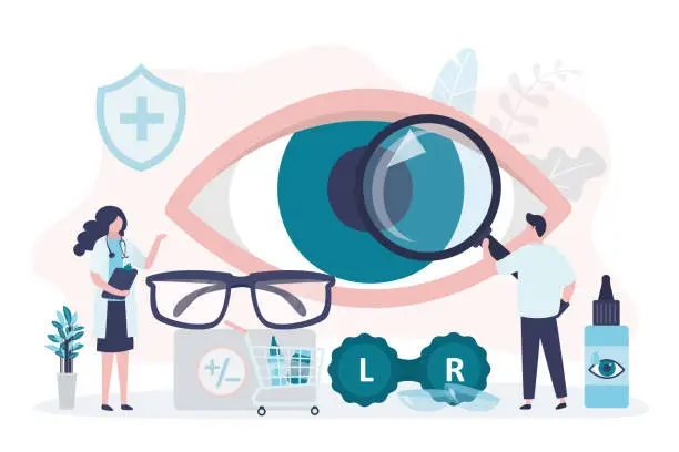 Vector illustration of Specialist selects glasses or contact lenses for client. Different assortment of goods in optics store