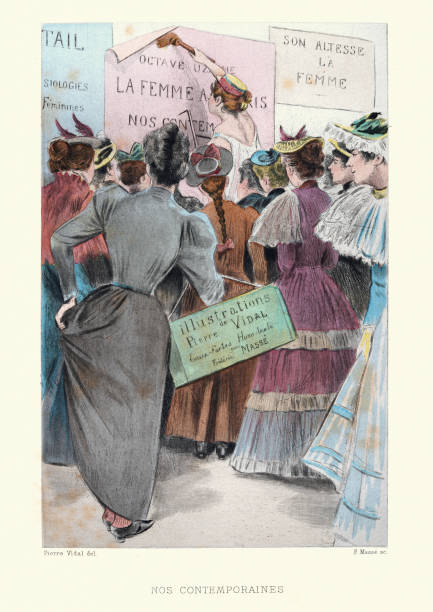 ilustrações de stock, clip art, desenhos animados e ícones de women's right activists putting up posters, victorian, french, 19th century - women victorian style retro revival art nouveau