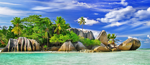 A tropical beach with large boulders and crystal clear water. The boulders are gray and weathered, and they create a natural barrier between the beach and the ocean. The water is a beautiful shade of blue, and it is very clear. The sky is a bright blue with wispy clouds. There is a tree on the left side of the image with green leaves. The overall mood of the photo is peaceful and serene.