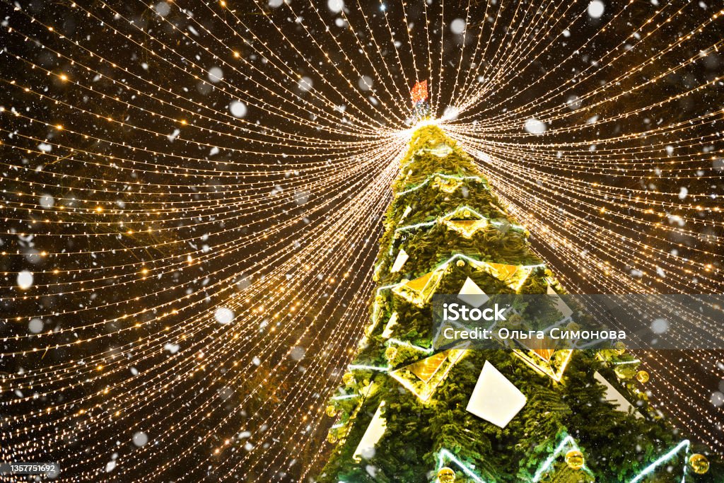 Hoher Stadtweihnachtsbaum im Park mit einer Kappe aus Lichtergirlanden, leuchtet nachts auf der Straße. Weihnachten, Neujahr, Dekoration der Stadt. Kaluga, Russland - Lizenzfrei Architektur Stock-Foto