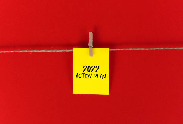 2022 년 행동 계획. 새해 새로운 목표 배경. - clothesline clothespin adhesive note bulletin board 뉴스 사진 이미지