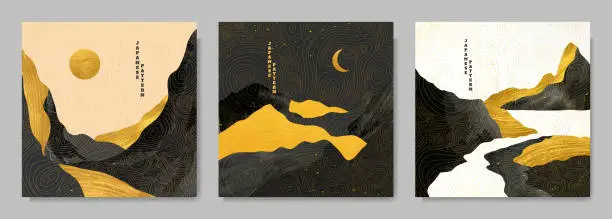 Vector illustration of Vector graphic illustration. Abstract landscape. Mountains, hills. Japanese wavy pattern. Backgrounds collection. Asian style. Design elements for web banner, social media template. Gold paint