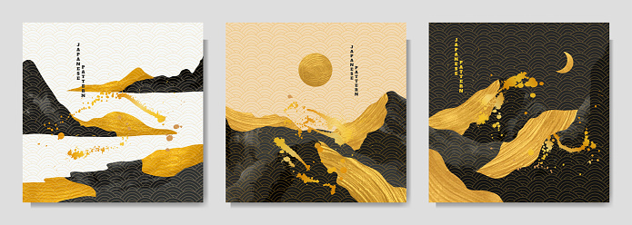 Vector graphic illustration. Abstract landscape. Mountains, hills. Japanese wavy linear pattern. Backgrounds collection. Asian style. Design elements for web banner, social media template. Gold paint