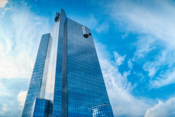 Skyscraper office building against blue sky in downtown Fort Worth, Texas, USA.