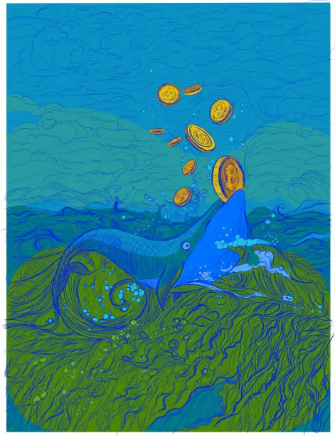 Vector illustration of whale eats bitcoins in the sea
