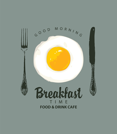 Vector banner on the theme of Breakfast time with appetizing scrambled eggs, old beautiful fork and knife on a grey background in retro style. Morning food and drink menu for cafe or restaurant