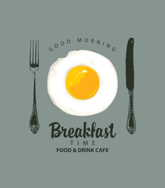 breakfast banner with fried egg fork and knife Vector banner on the theme of Breakfast time with appetizing scrambled eggs, old beautiful fork and knife on a grey background in retro style. Morning food and drink menu for cafe or restaurant omelette on the plate stock illustrations