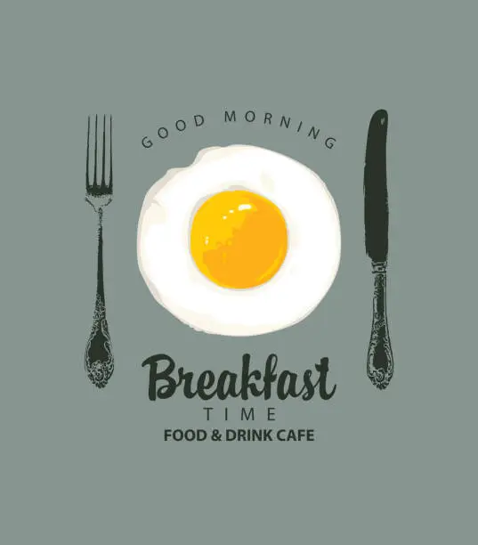 Vector illustration of breakfast banner with fried egg fork and knife